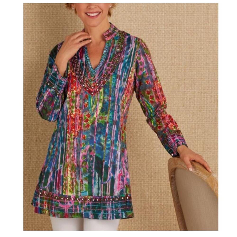 Soft Surroundings Mosaic Tunic Top Oversized Embellished Art To Wear Tie Dye M